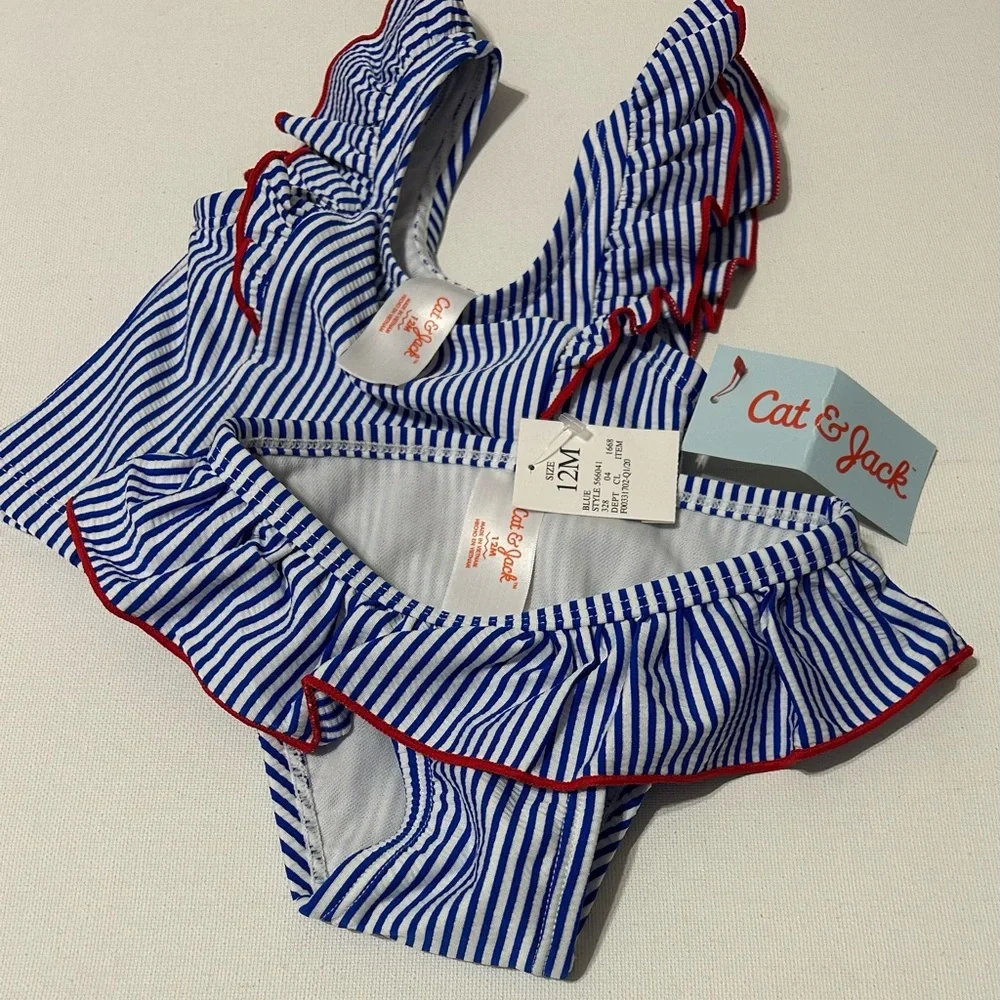 Cat & Jack Baby Girls Swimsuit Red White Blue Stripe Ruffles NWT 12 Months
